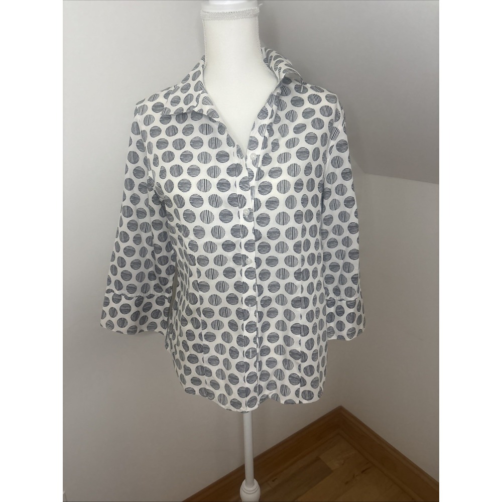 Chicos Size 1 White Black Polka Dot Striped 3/4 Sleeve Button Down Blouse Top